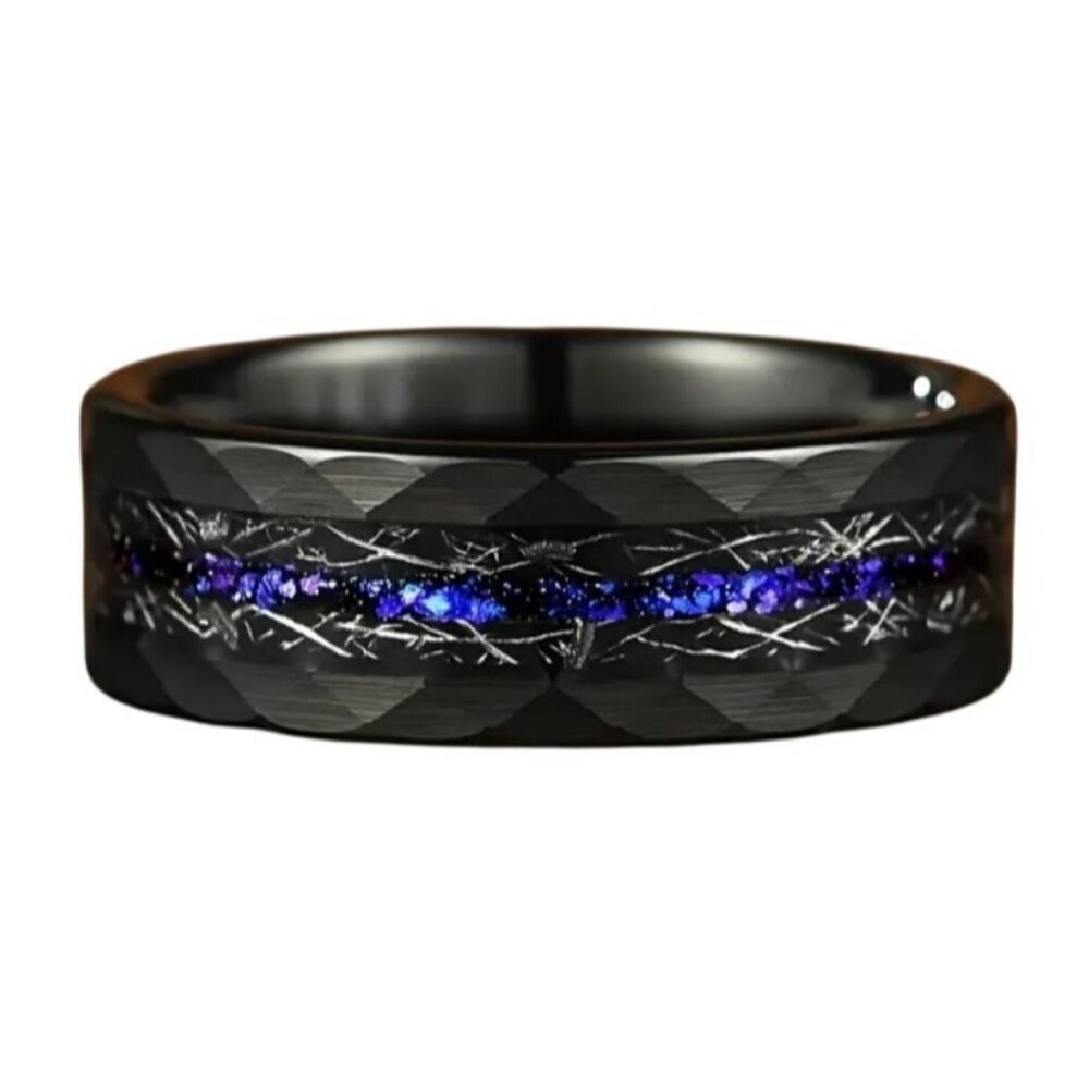 Tungsten Steel Matte Black  Hammered 8MM Double Beveled men's wedding ring